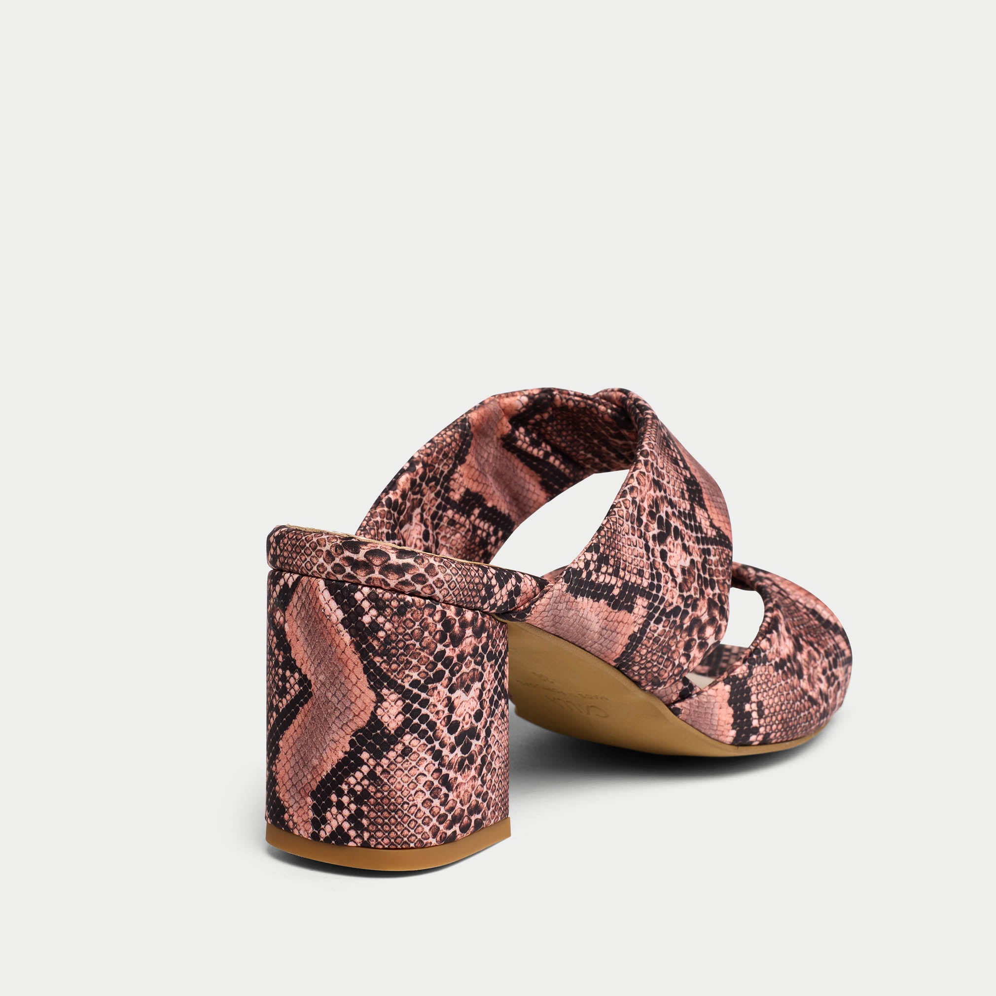 Mia pink snake sandal heel close up