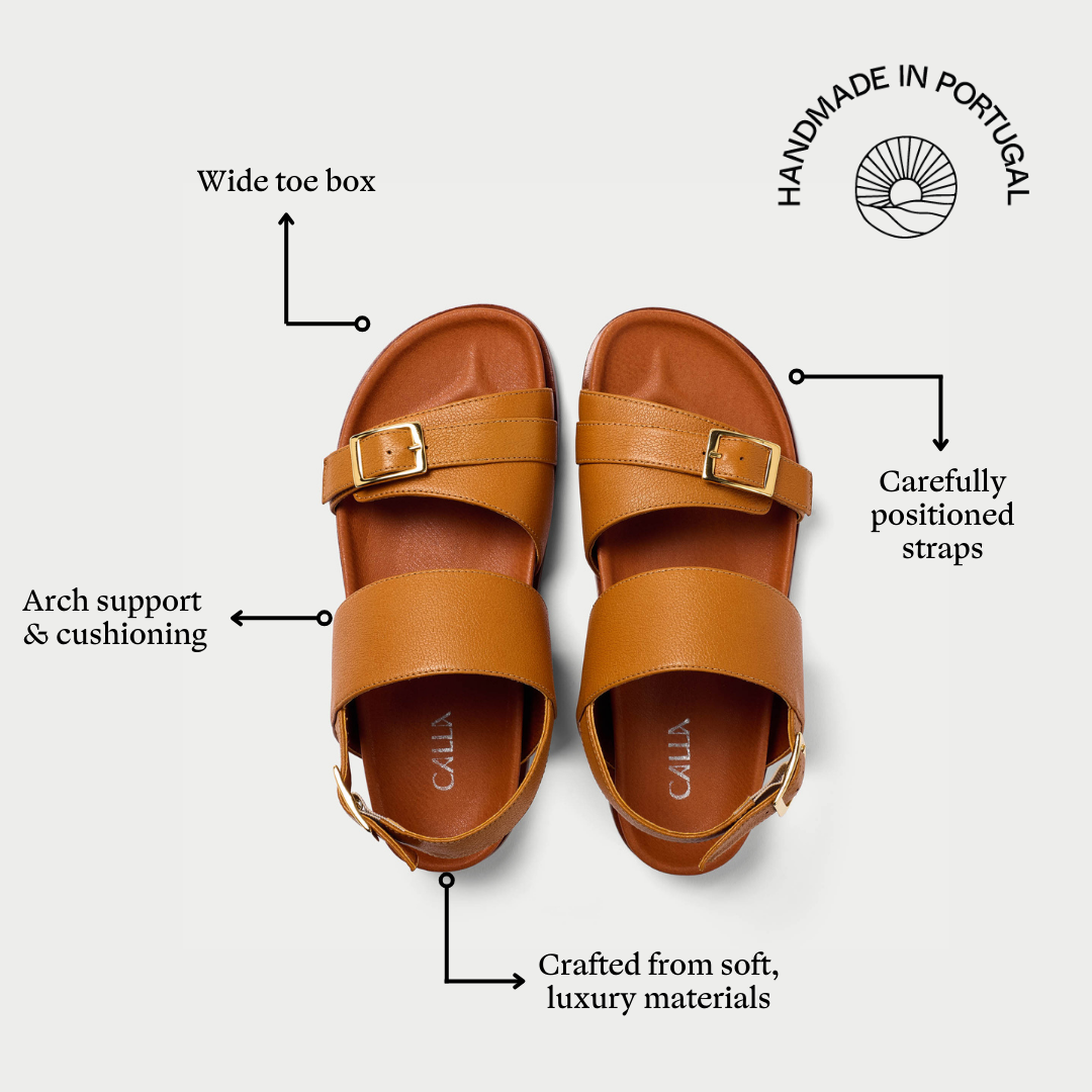 poppy camel sandals features