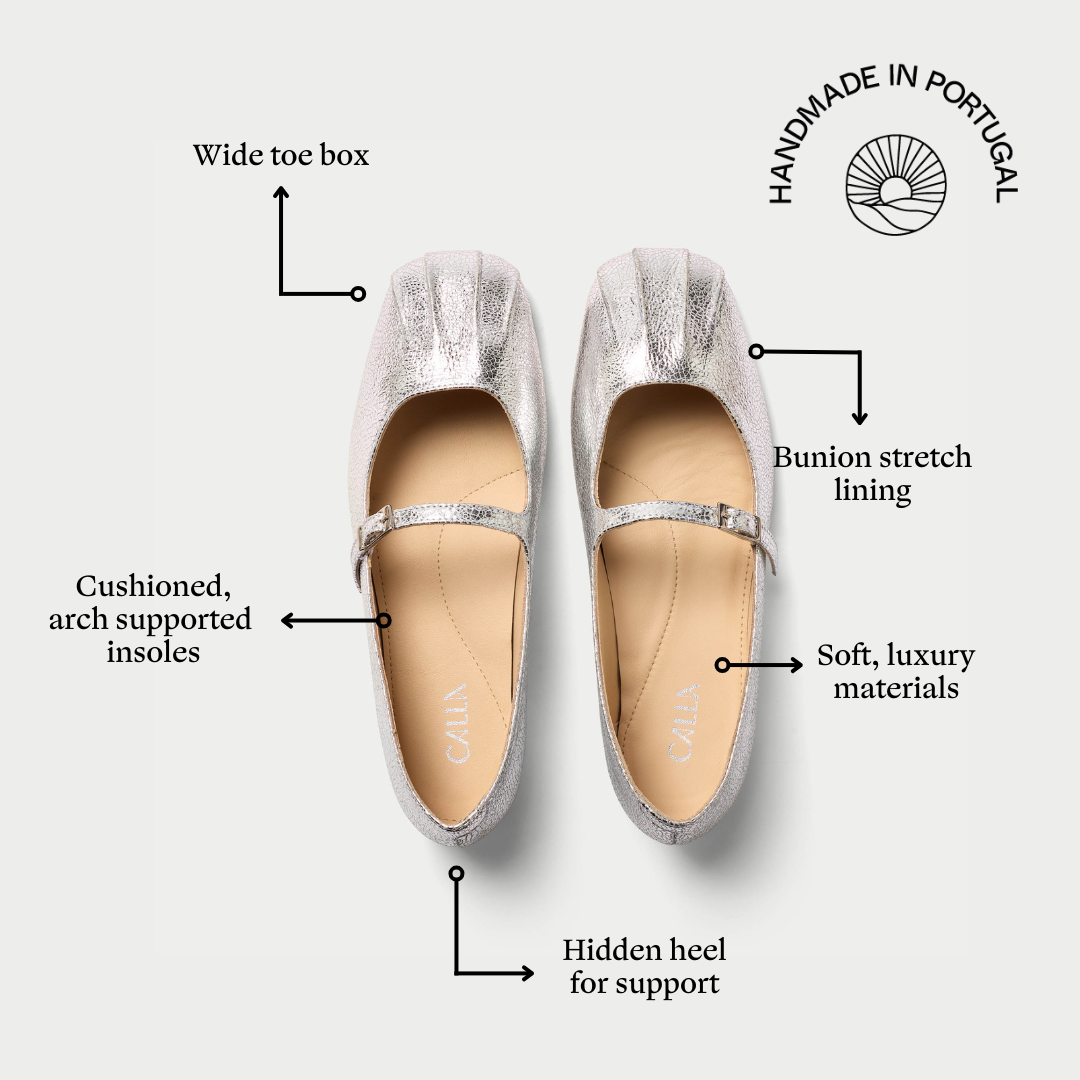 Silver glittery flats with features highlighted on a white background