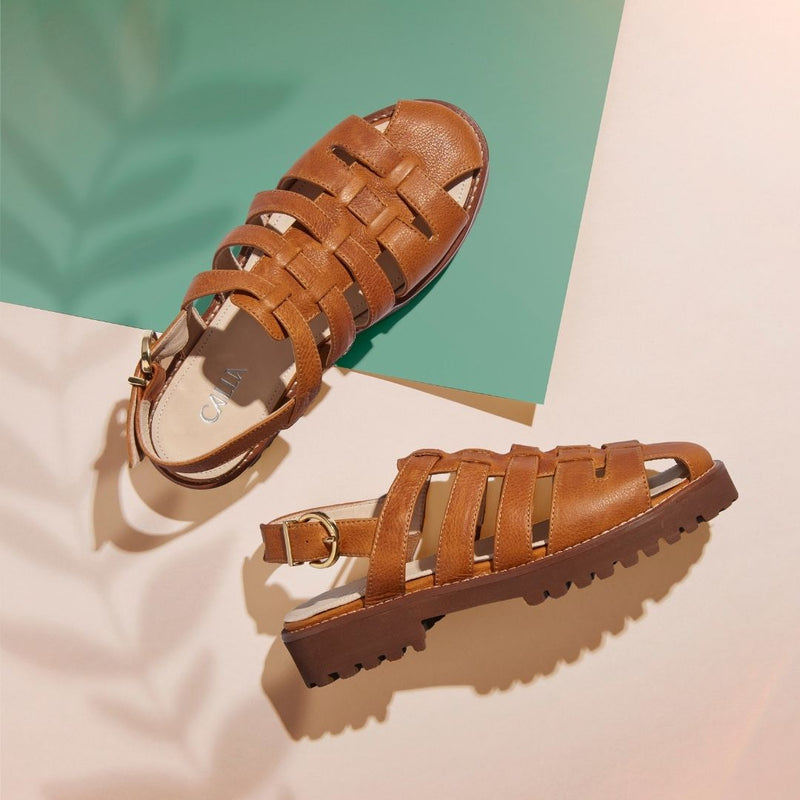 tan leather fisherman sandals for bunions