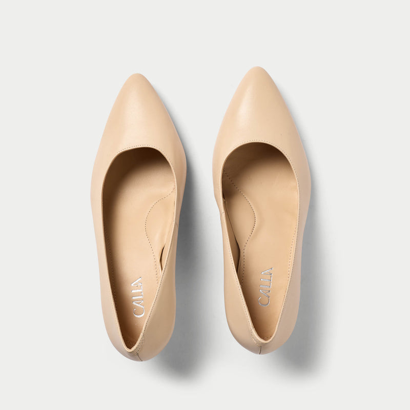 Calla | Ava | Light Beige Leather | Kitten heeled dress shoes