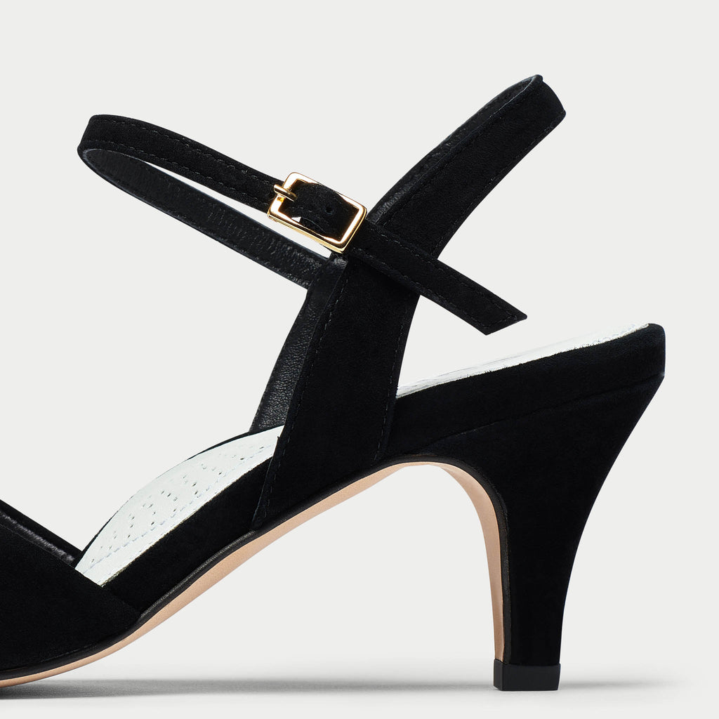 Calla Shoes | Black suede high heel sandal for bunions and wide feet
