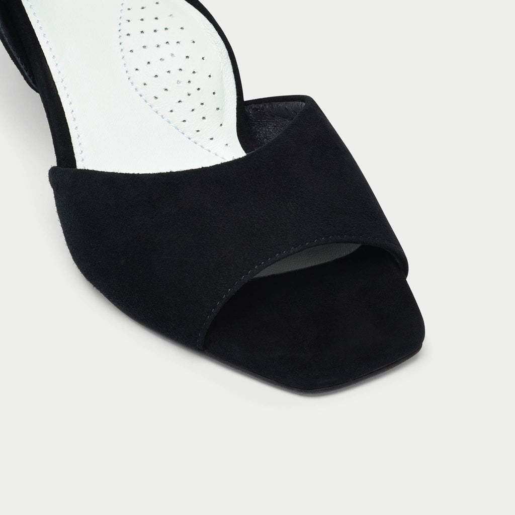 Calla Shoes | Black suede high heel sandal for bunions and wide feet