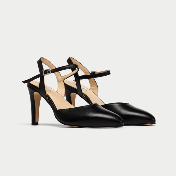 Calla Shoes | Selena | Black diamante buckle leather heeled sandal