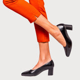 black leather court heel block heel shoes bunions