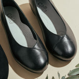black leather flats for bunions close up