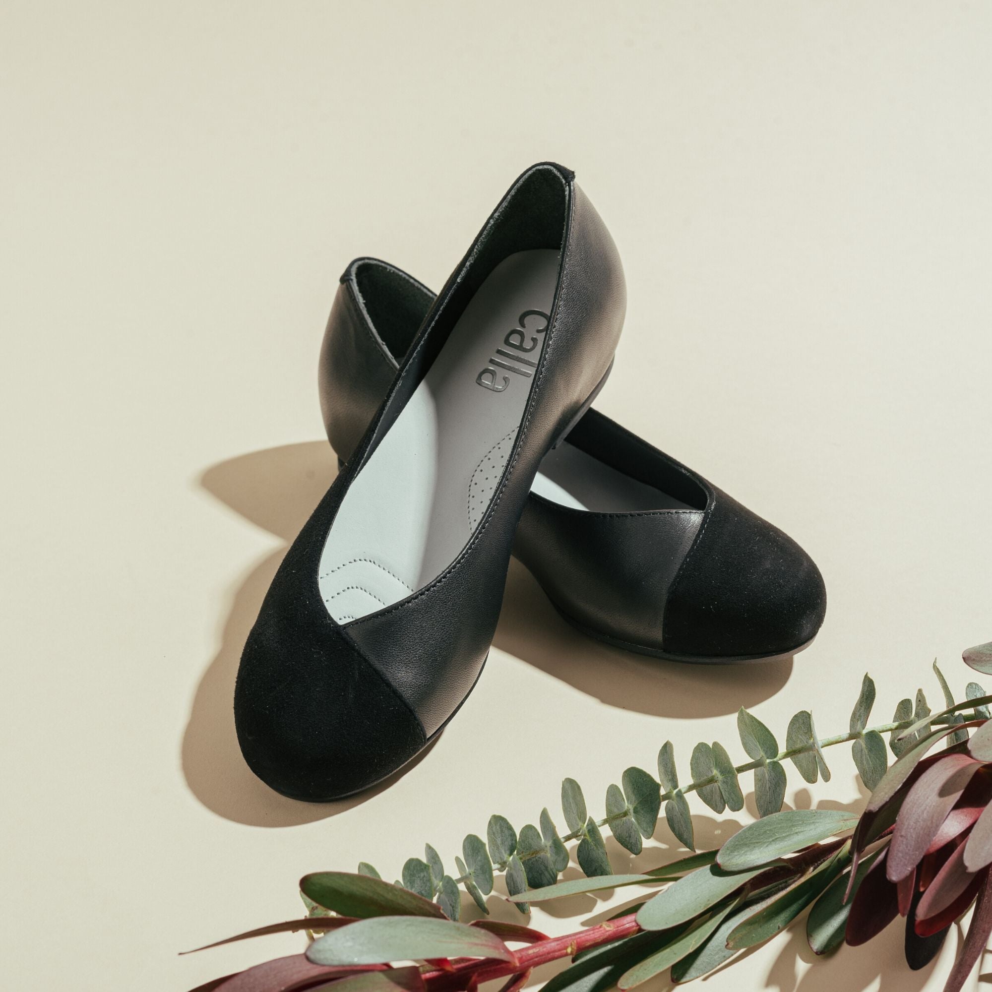 Charlotte Wide Fit - Black Leather & Suede Ballerinas