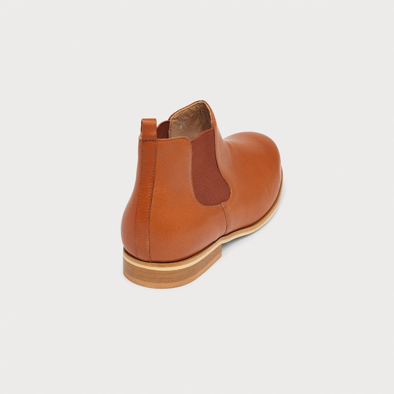 cognac leather flat chelsea boot back view