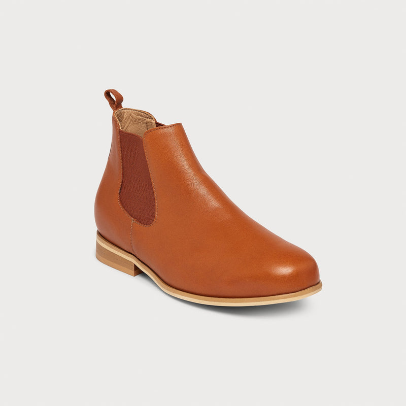 cognac leather flat chelsea boot front view