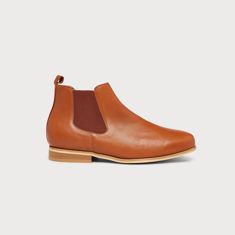 cognac leather flat chelsea boot side view