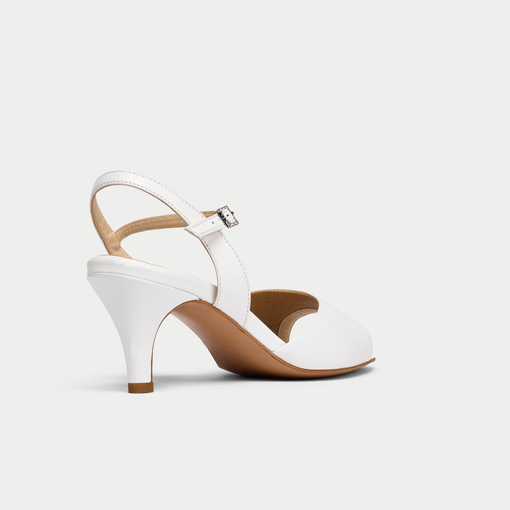 glenda white leather heel with diamante buckle heel close up
