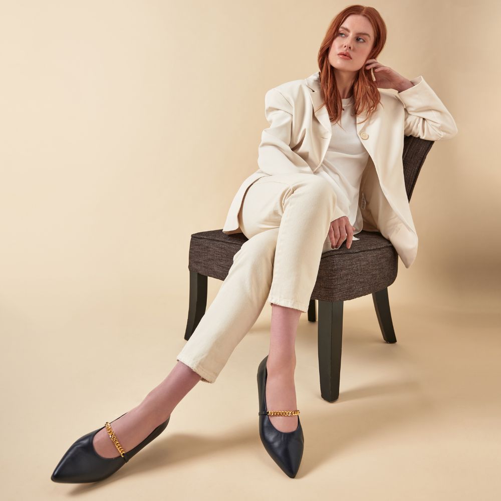 Isabella II navy leather flat for bunions on model