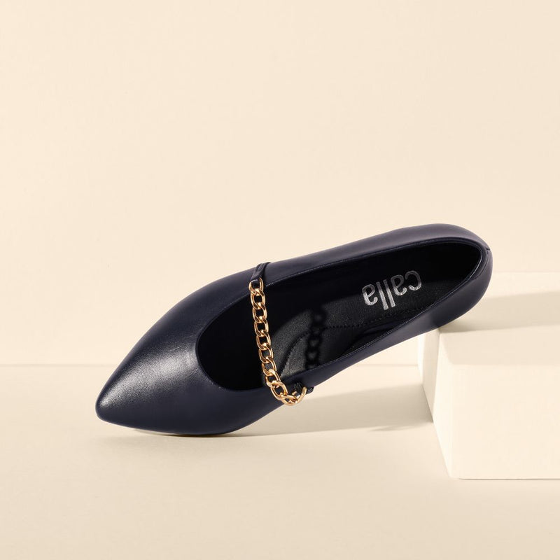 navy leather flat shoes with gold chain