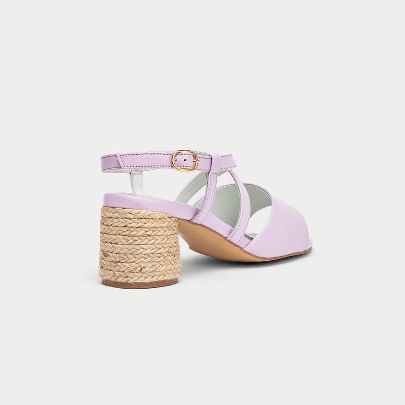 lilac leather heeled sandals back view