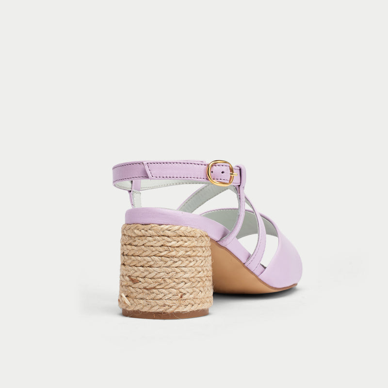 lilac leather heeled sandals back view