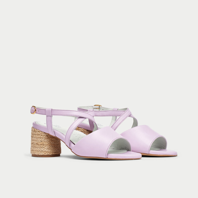 lilac leather heeled sandals pair