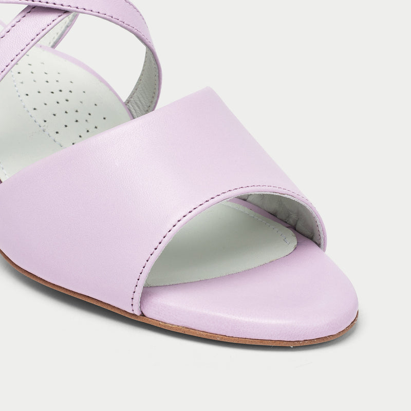 lilac leather heeled sandals close up