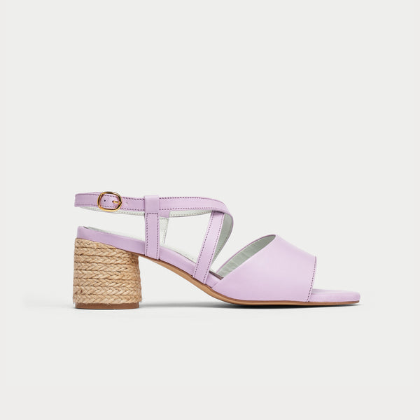 lilac leather heeled sandals side view