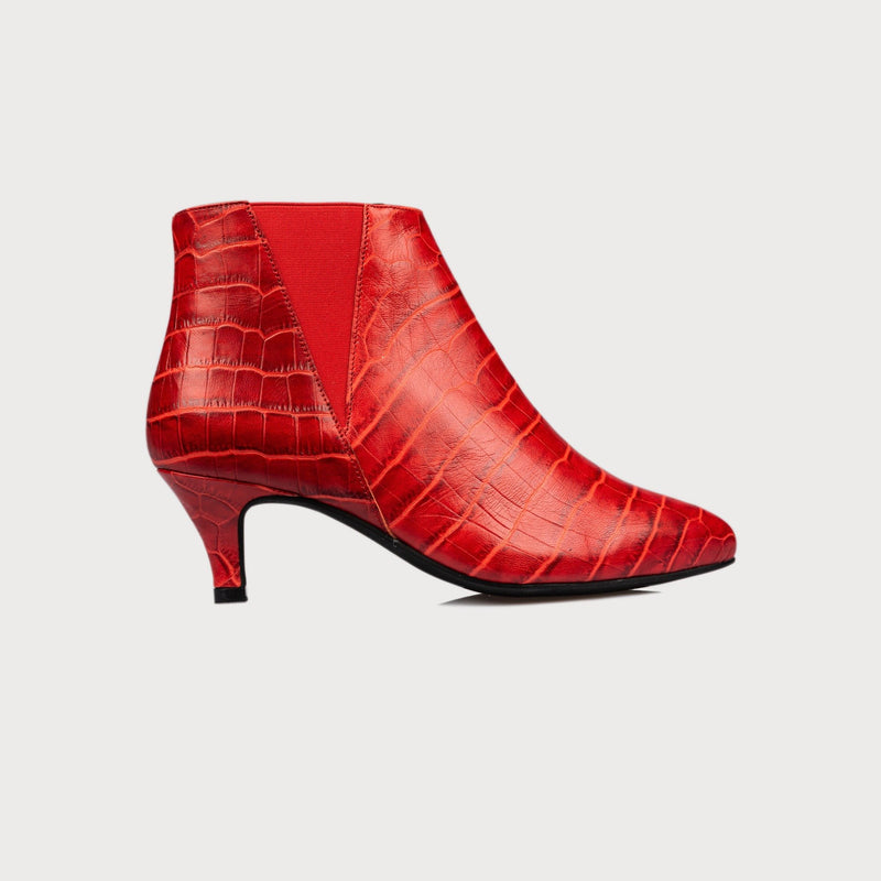 red kitten heel bunions boots mock croc leather