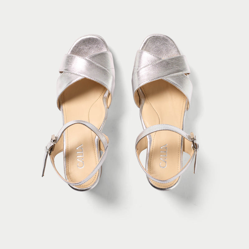 Silver Faux Leather Square Toe Heeled Sandal | SilkFred US