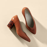 tan block heels with snake heel