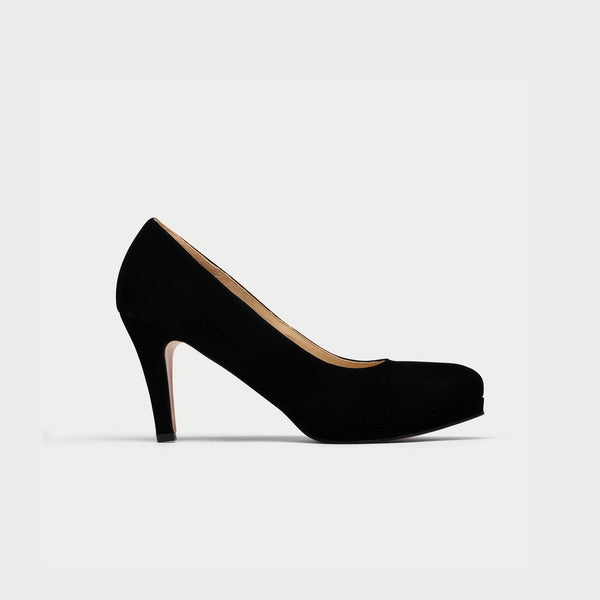 sophia black suede heels side view