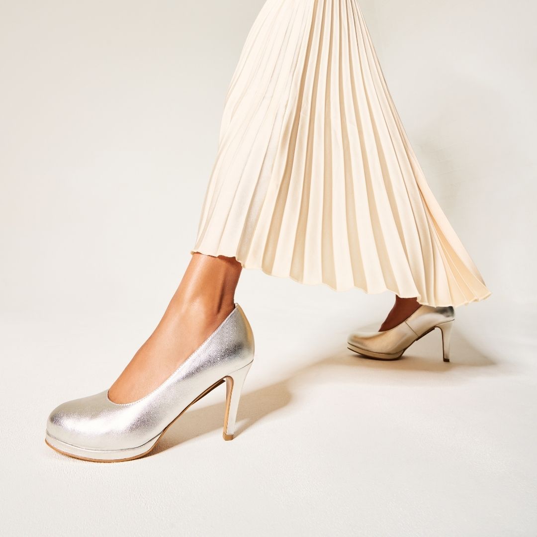 sophia silver leather heels for bunions on model