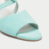 mint suede heeled sandals close up